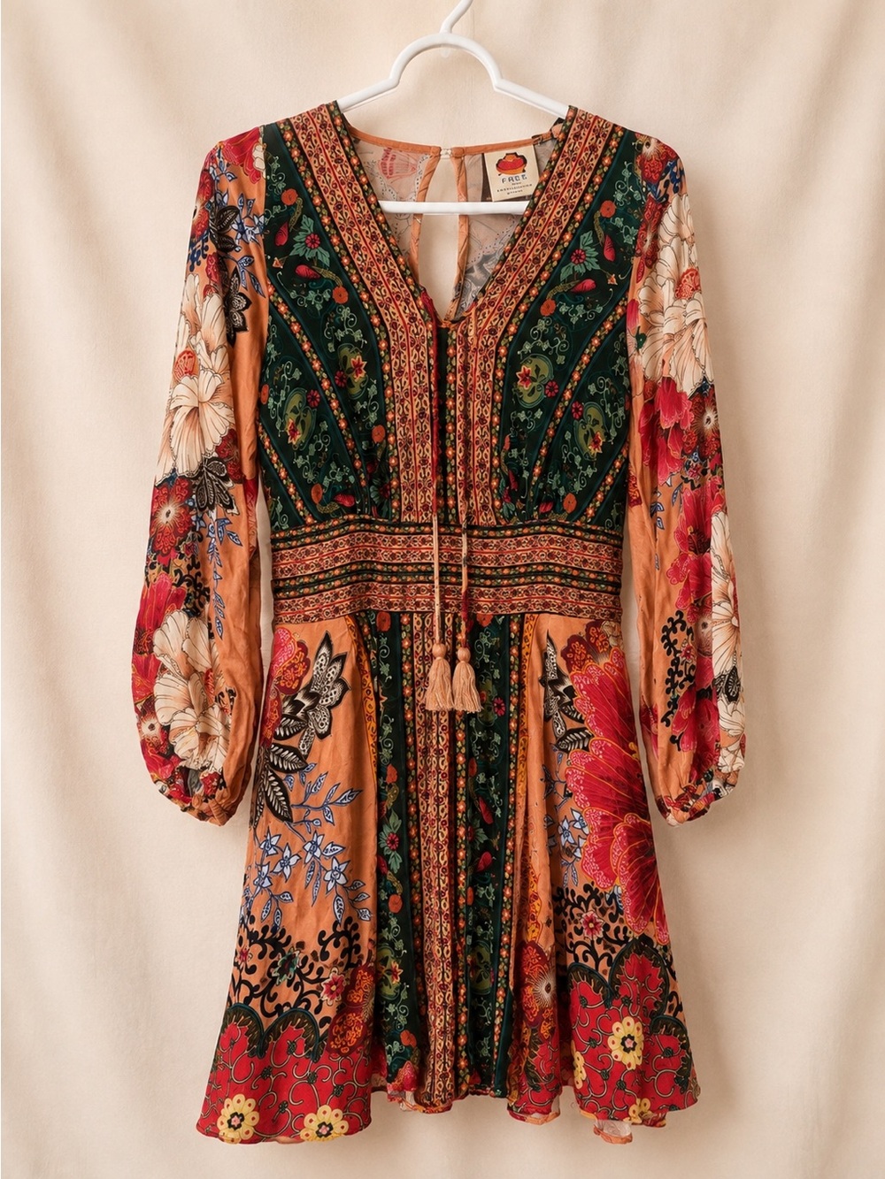 FARM Rio x Anthropology Multicolor Floral Long-Sleeve Boho Tassle Mini Dress